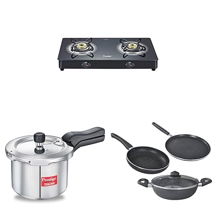 Prestige Royale Plus Schott Glass 2 Burner Gas Stove, Manual Ignition, Black + Prestige Omega Deluxe Granite 3 Pcs with 1 Glass Lid COMBO