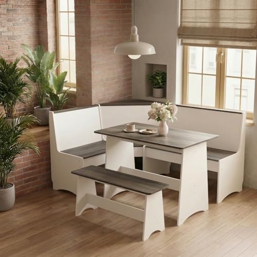 THE CARY C Farmhouse Breakfast Nook Table Set Dining Nook Set with Corner Bench with Storage Function Mid Century Modern Small Dining Table Set Kitchen Table Corner Set (Gray + White)