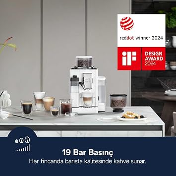 De'Longhi Rivelia EXAM440.55.W, Tam Otomatik LatteCrema Kahve Makinesi, Otomatik Süt Köpürtücü, Kompakt Boyut, Fasulyeden Bardağa Kahve Makinesi, 16 Tarif Renkli Dokunmatik Ekran, Kutup Beyazı