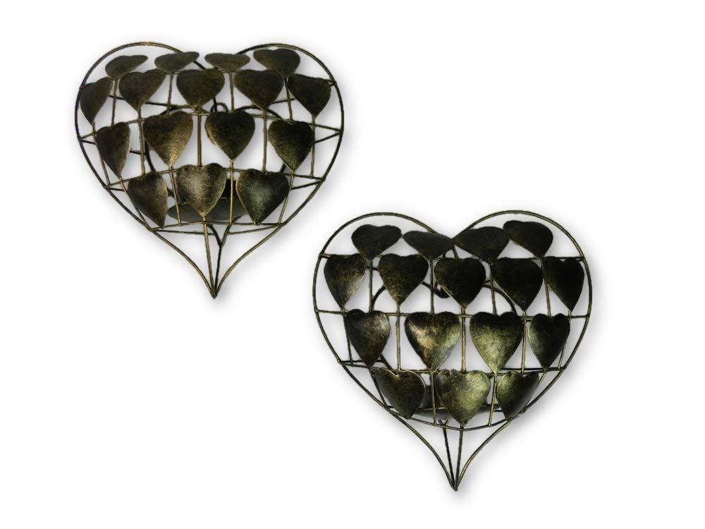 Pair of Handmade Gold Sconces - Love Heart Ornament Tealight Holder - Handmade Indoor & Outdoor Decoration - Romantic Garden & Home Decor - Metal Wall Candle Holders Ideal Christmas or Birthday Gift