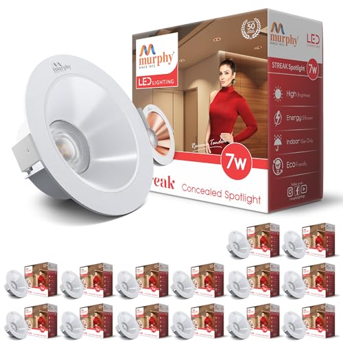 Image of Murphy 7W Streak LED Down Light WH+White Finish, Natural White Light, Round, Pack of 15, Recessed Ceiling LED Light, Suited for 3 inch Junction Box /Concealed Box (2 Years Warranty)