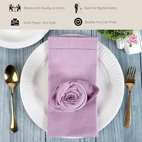 Image of FINGERCRAFT Hemstitched Cotton Table Napkins - Set of 6, 20x20 Inch, 100% Cotton Cloth Napkins with Faggoting Stitching - Durable & Elegant for Parties, Everyday Use (Lavender Slub)