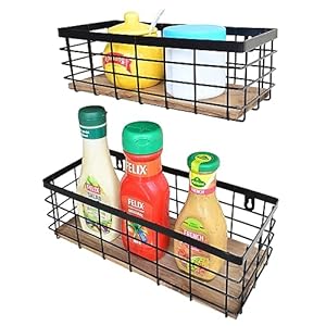 Metal wire basket detachable wood base storage organizer farmhouse small bins for kitchen cabinets bathroom pantry laundry room closets set of 2black color  urban country home decor