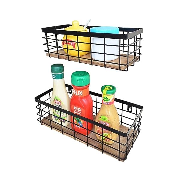 Metal wire basket detachable wood base storage organizer farmhouse small bins for kitchen cabinets bathroom pantry laundry room closets set of 2black color  urban country home decor