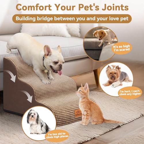 Dog Ramp and Stair for Bed 16" H-20 H,3-Step Cat Stair for Sofa and Chair,4-Step Dog Ramp for High Bed and Window,Durable Nonslip Fabric Cover for Indoor (Coffee-16 H, Pet Friendly, 3) - Image 3