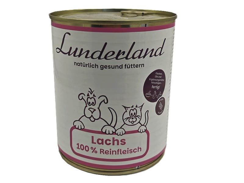 Lunderland Reinfleisch Lachs 800g Dose I Einzelfuttermittel für Hunde und Katzen I 100% frisches Lachsfilet mit Haut I ohne Zusatz von Wasser, Bindemitteln und Füllstoffen