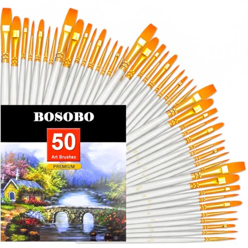Image of BOSOBO Assorted Nylon Acrylic Artist Paint Brushes Set,White,50 Pcs