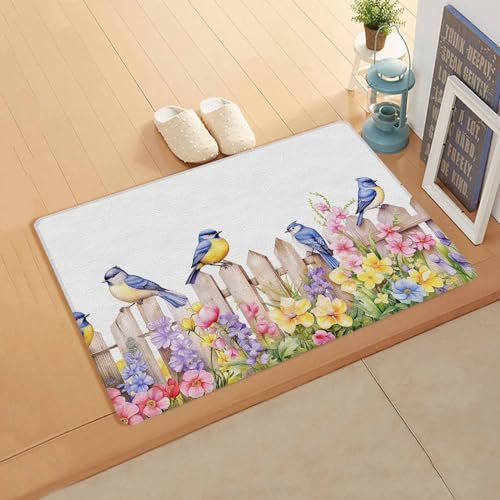 Garden Flower Bird Antifatigue Kitchen Bath Door Mat Cushioned Runner Rug,Washable Welcome Floor Sink Mat,Waterproof & Non-Slip Kitchen Standing Doormat,Colorful Floral Watercolor Simple White 24