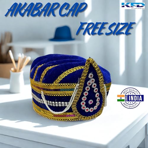 Image of Kaku Fancy Dresses Akbar Mughal King Pagdi Turban Safa Traditional Royal Headgear for Kids | Fancy Dress Costume Accessory for Historical Plays & Cultural Events - Blue