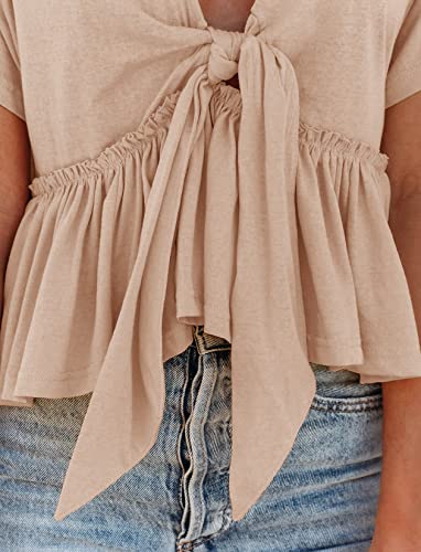 Fanway&Ec Women's Short Sleeve V Neck Blouses Ruffle Hem Tie Front Crop Tops Lightweight Basic Summer Tops (Apricot, Medium) #TOP3