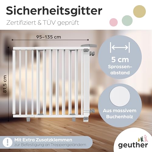 Geuther Treppenschutzgitter Oris | Türschutzgitter zum Anschrauben inkl. 2X Klemmen für Treppengeländer, Breite 95-135 cm | Stabiles Türgitter mit Schwenktür, Zertifiziert | Kindergitter Holz, Weiß
