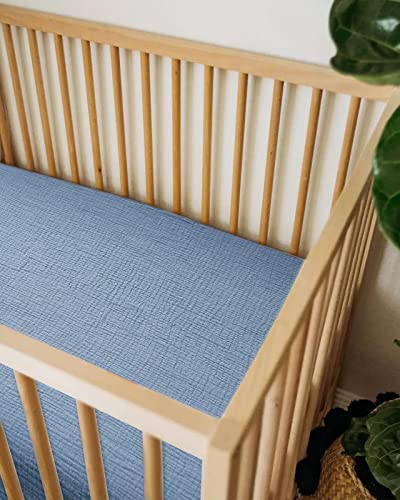 Image of Crib Sheets for Boys Girl, Fitted Baby Toddler Bed Sheets 28 inch x 52 inch, Neutral Muslin Cotton Crib Mattress Bedding Soft and Breathable Comfort (Costume Blue)