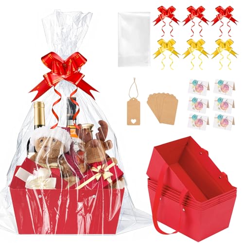 SelfTek Juego de 6 cestas de regalo vacías grandes – Cesta de regalo vacía con papel de regalo transparente, lazos, tarjetas de felicitación, etiquetas, cestas de regalo vacías para San Valentín