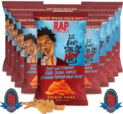 Rap` Snacks Potato Chips 1 oz (Curated by RJ Snacks Value Pack) (Pack of 12, Lil Baby All In Hot)