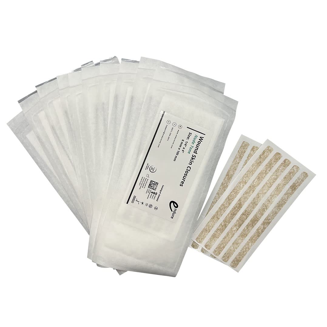 Endure Ind Wound Closure Reinforced Skin Adhesive, 5 Strips per Sheet, 2 Sheets per Pouch, 10 Pouches, 100 Total Strips (¼” x 4” Nude Tone)