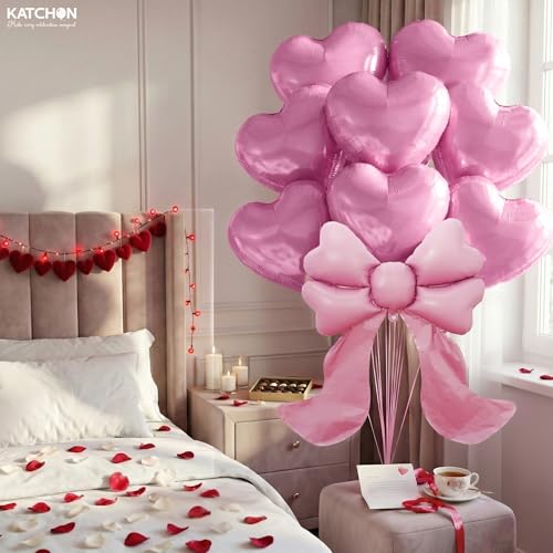 Image of KatchOn, Heart & Bow Balloons Set Pack of 9 Pink | Valentines Day Decorations Party | Heart Shaped Balloons, Pink Bow Balloons Pink | Valentine Decorations| Valentines Day Balloons