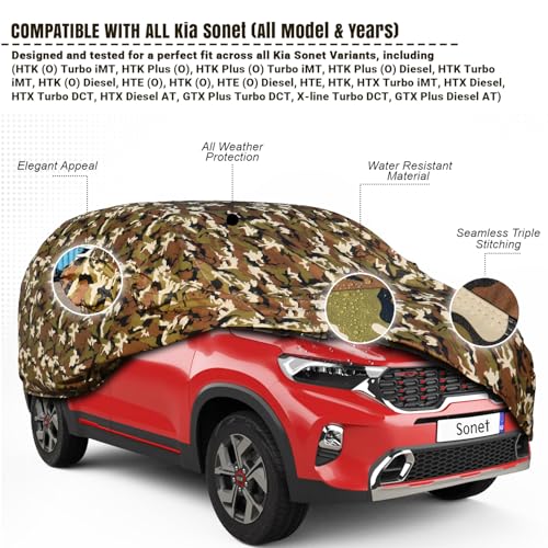 Image of Pivalo Car Body Cover for Kia Sonet All Model & Years (2020-2024) 100% Waterproof with Mirror Pockets, Triple Stitched Dustproof Heat Resistant UV Protection (Military /Jungle /Camouflage)