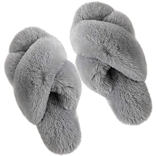 dressfan Zapatillas de Estar por Casa Mujer Felpa Punta Abierta Chanclas Pantuflas de Casa Cómodos Calentitas Plano Suela de Goma Antideslizante Zapatos Interior/Exterior (Grigio, numeric_38)