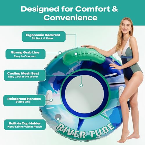 Image of Verdenu Inflatable River Tube Float with Detachable Canopy, Heavy Duty River Float for Adults, Large Pool Float with Backrest & Cup Holder for Lake, River, Pool