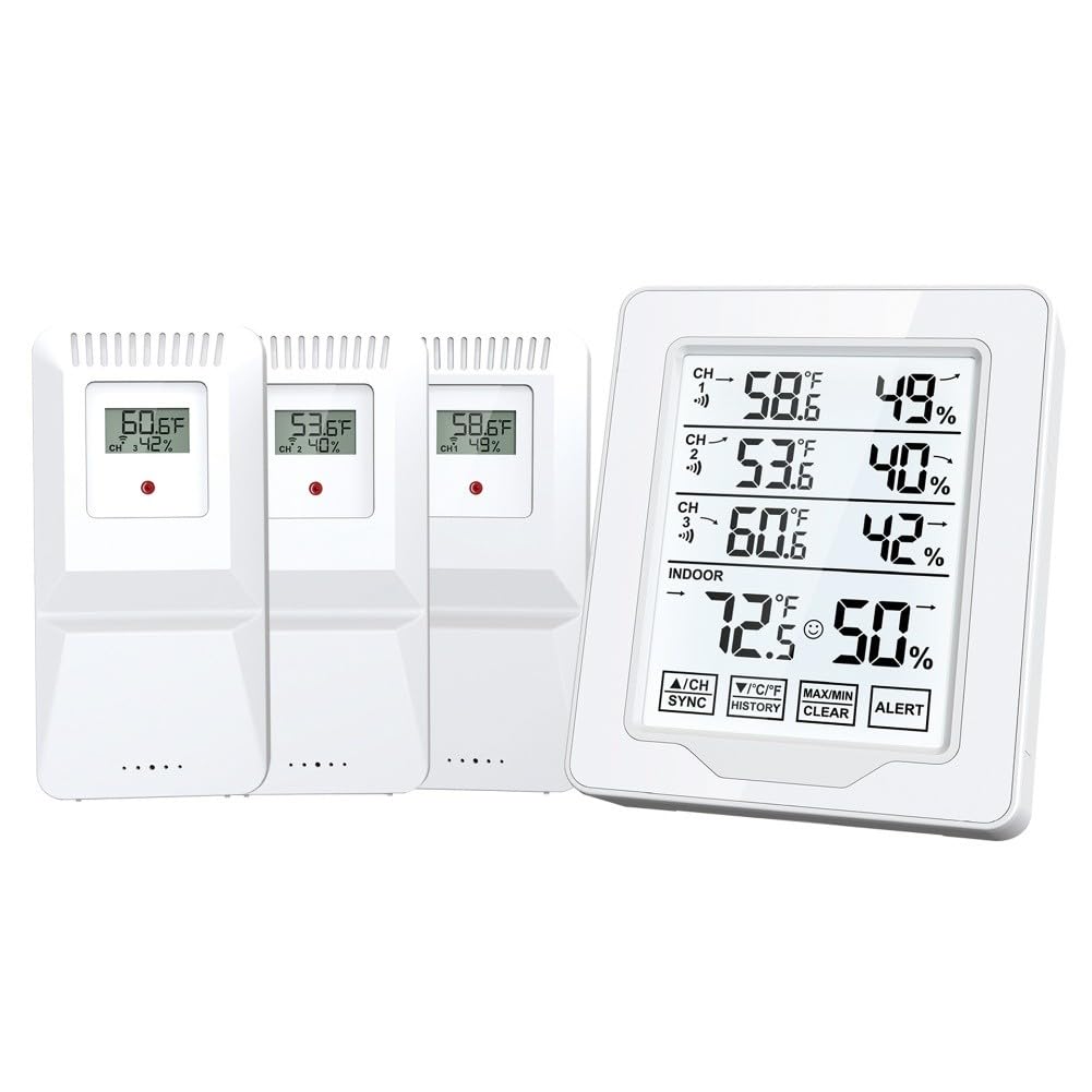 Kabelloses Thermometer für den Innen- und Außenbereich, mit 3 Sensoren, genauer Temperatur- und Feuchtigkeitsmonitor für Haus, Garten, Büro, mit Max/Min-Rords und 150 m Reichweite, Weiß