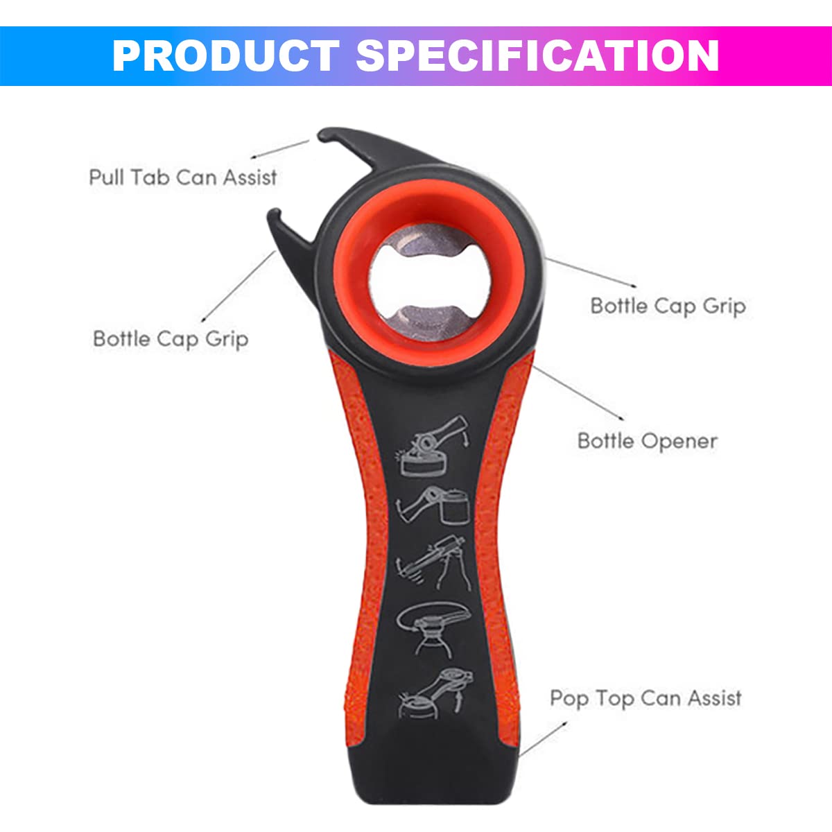 amiciCare 5-in-1 Bottle Opener - Versatile Multi-Function Tool for Twist-Off Caps, Metal Caps, Jar Lids and Cans 1