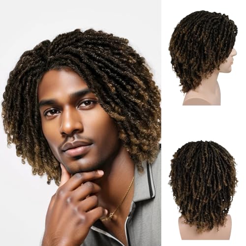 GNIMEGIL T1B/27 Short Dreadlocks Wigs for Men Medium Length Afro Hairstyle Fake Dreads Wig with Bangs in Synthetic Hair Braided Wigs Locs Fluffy 14 inch