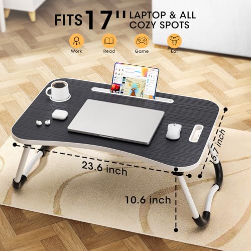 Image of Folding Lap Desk, 23.6 Inch Wood Laptop Bed Desk with Cup Holder, Portable Bed Table for Working Writing Reading & Eating for Bed, Sofa, Couch, Floor - Black