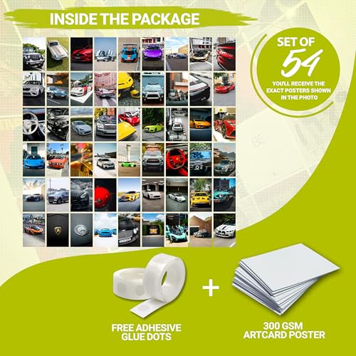Image of MODERN GALLERY MART Pack of 54 Cars Wall Collage Kit Posters - 4 x 6 Inches Posters for Wall Decoration - Wall Art For Bedroom, Office, Living room, Dorm room - Glue Dots Include