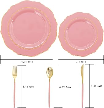Nervure 100Pcs Mauve Pink Plastic Plates - Mauve Gold Plastic Dinnerware Sets for 20 Guests - 20 Dinner Plates, 20 Dessert Plates, 20 Forks, 20 Knives and 20 Spoons for Wedding & Party & Mother's Day
