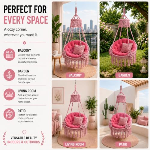 Image of Premium King Size Hammock Chair Swing with Cushion, 200kg Capacity | Indoor Outdoor Heavy Duty Adults & Kids Hanging Jhula for Home, Garden, Patio & Balcony | 1 Year Warranty (Pink)