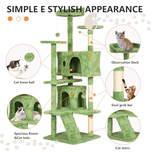 Image of BestPet | 70 inch Cat Tree Tower | Green | Sturdy Multi-Level Cat Tree
