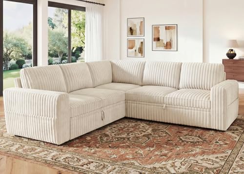Image of HONBAY Modular Sectional Sleeper Sofa with Pull Out Bed,Corduroy L Shaped Couch with Storage, Sectional Couches for Living Room,Beige