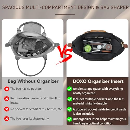 Image of Doxo Purse Organizer Insert for Longchamp Le Pliage, Premium Felt Tote Bag Organizer with 8 Compartments and Zippered Pocket (Light Grey, Large)