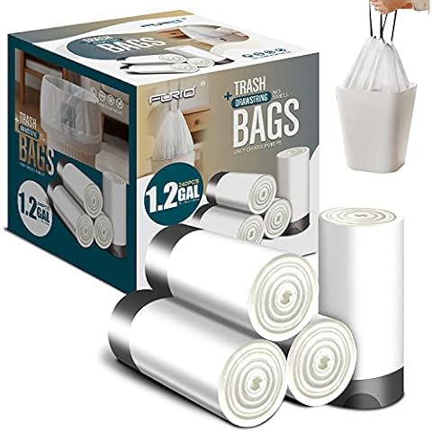 FORID Mini Drawstring Trash bags - 1.2 Gallon White Plastic Garbage Bags 240 Count Small Can Liners for Bathroom Bedroom Office Home 5 Liter (1-2 Gal) - Durable & Thick Trash Bag Cover