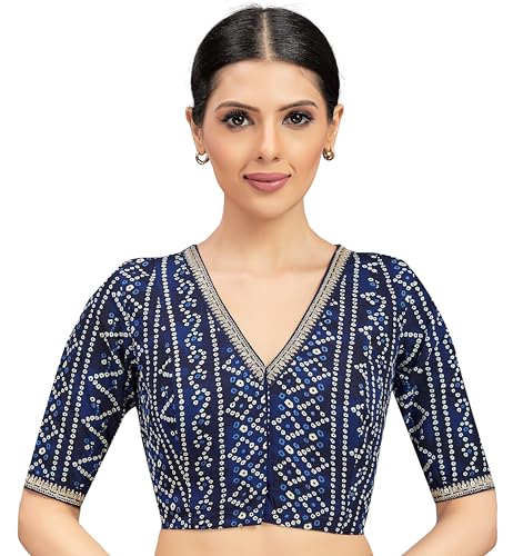 Image of Studio Shringaar Women's Cotton Bandhni Printed & Embroidered Saree Blouse With Elbow Length Sleeves