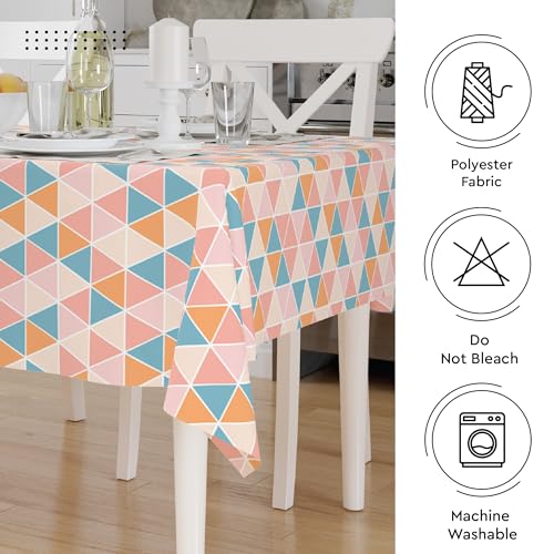 Image of Encasa XO Printed Table Cloth 6 ft for 4 to 6 Seater Dining Table, 100% Silky Polyester, Machine Wash to Remove Food Stains, Non-Fading, Non-Shrinking, Cheap & Durable - Big Triangles Apricot
