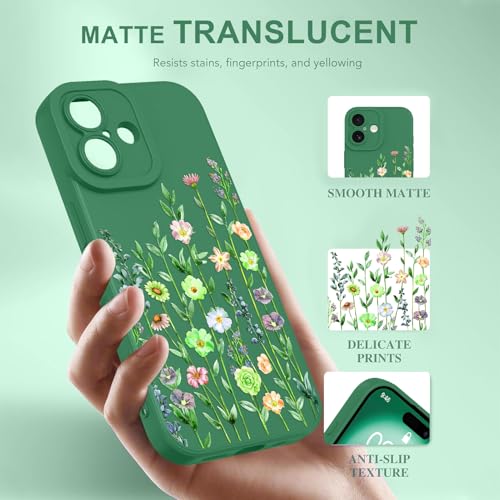 Image of Designed for iPhone 16 Case Flower for Women Girls, Green | Cute Floral Pattern Liquid Silicone Phone Case [Full Camera Protection] Slim Soft TPU Protective Cover