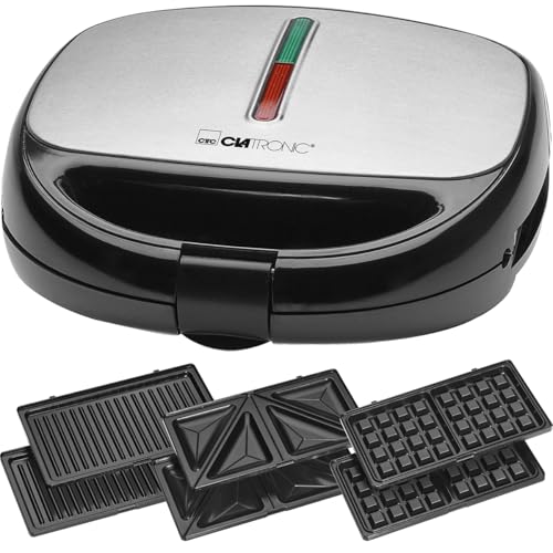 Clatronic® Multifunktionsgerät 3 in 1 | Sandwichtoaster, Waffeleisen und Kontaktgrill | 800 Watt | Spülmaschinengeeignet | Antihaftbeschichtung | Sandwich Maker | ST/WA 3670 Schwarz-Edelstahl