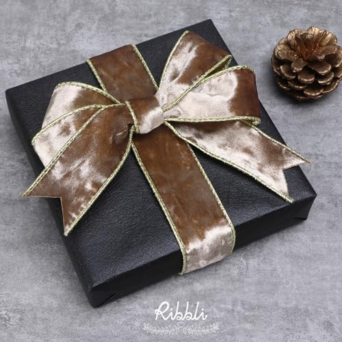 Image of Ribbli Camel Velvet Wired Ribbon 1.5 Inch Metallic Khaki Gold Crushed Velvet Christmas Ribbon for Gift Wrapping Christmas Tree Decoration Crafts Wreaths Supplies-Continuous 10 Yards