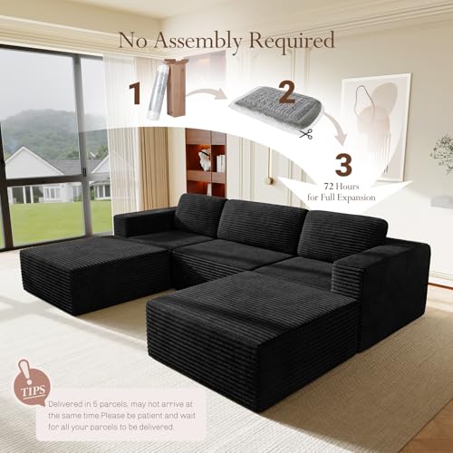 Image of Vesgantti 119 inch Oversized U-Shaped Modular Sectional Sofa, Corduroy Cloud Couch with Deep Seating & Spring Support, Convertible Sofa with 2 Ottomans, Boneless Couch, No Assembly Required, Black