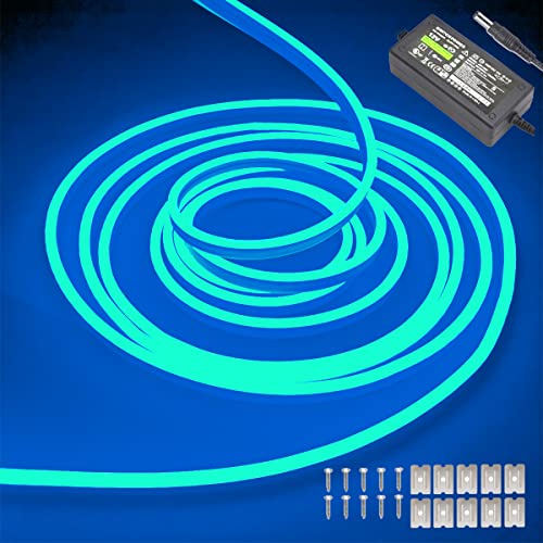 Image of dobestyou Ice Blue Neon LED Strip Lights - 16.4ft (5M) 12V DC 600 SMD2835 LEDs Waterproof Flexible Rope Light for Indoor /Outdoor Decor (Includes Power Adapter)