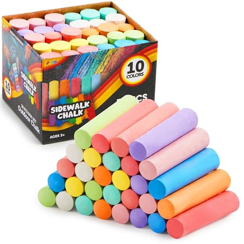 JOYIN Lot de 30 craies de trottoir lavables en 10 couleurs pour enfants, craies de rue non toxiques pour intérieur et extérieur, tableau noir, jardin,...