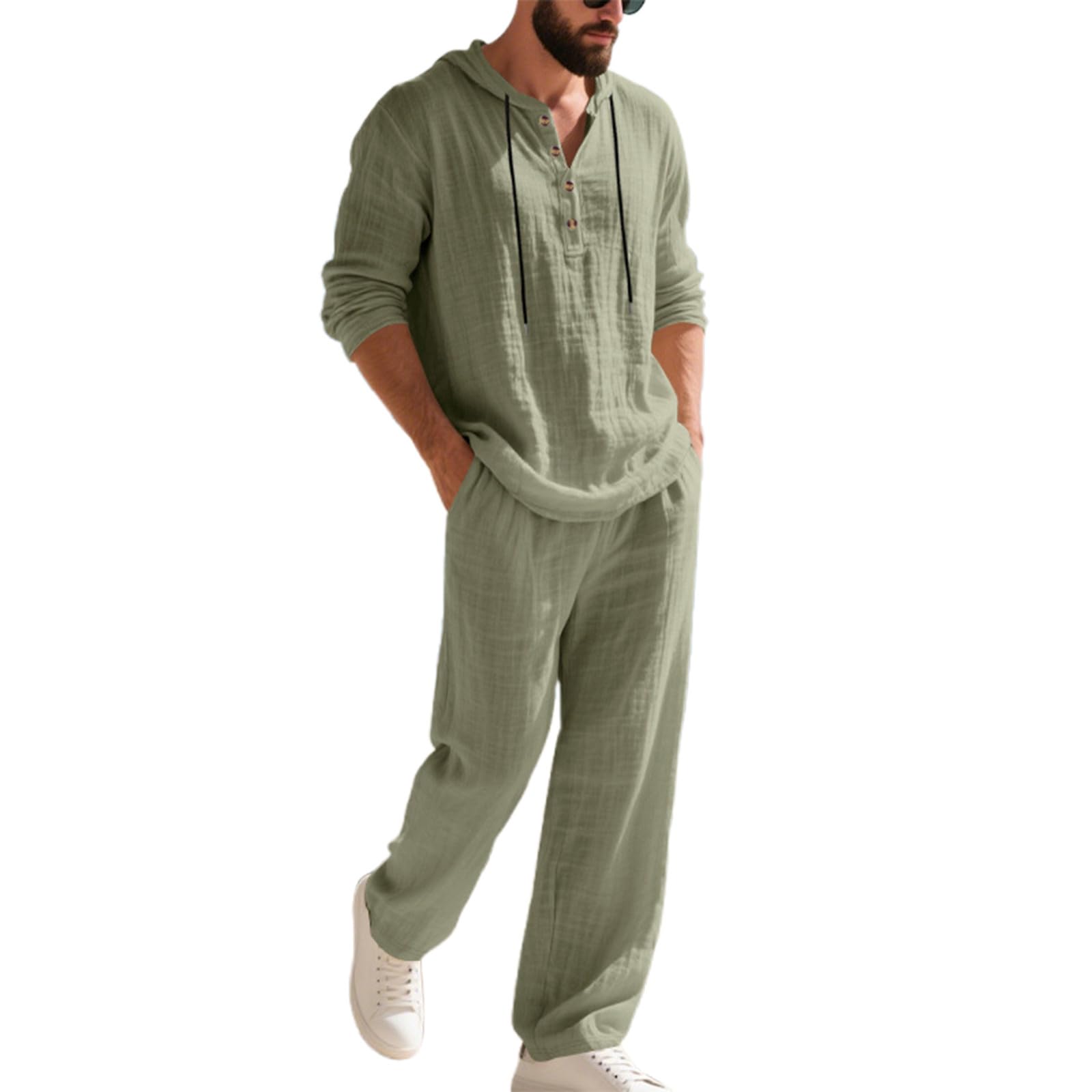 Ensemble 2 Pièces Haut Et Pantalon Amples À Capuche For Hommes, Tenue De Costume En Lin Décontractée Avec Cordon De Serrage, Tenue Quotidienne