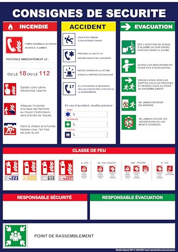 Consignes de sécurité - format portrait, bleu marine - Affichage obligatoire incendie – ERP – Entreprise – Restaurant – Panneau A4 plastifié mat