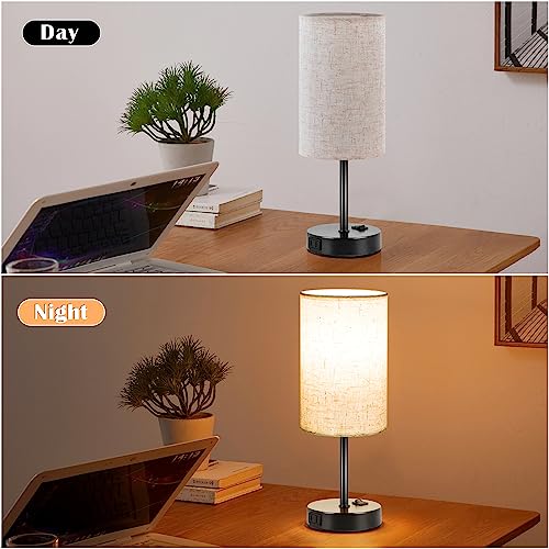 Zjojo SIMPLE ROUND-BLACK Table Lamp For Bedroom Set Of 2, Bedside Small Lamps With 3 Way Dimmable Rocker Switch And Ac Outlet, Nightstand Desk Lamp With Flaxen Fabric Shade Black Base thumb #4