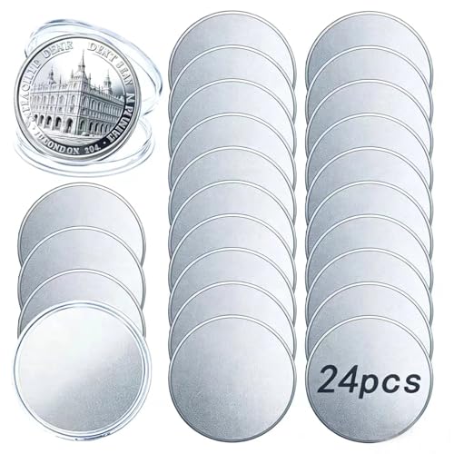 Disabeki 24 Pcs Blank Challenge Coins 40mm x 2mm Plated Alloy Coin Blanks for Laser Engraving with Acrylic Cases Reeded Edge Custom Coins for DIY Crafts Gifts and Keepsakes (Silver-Plated)