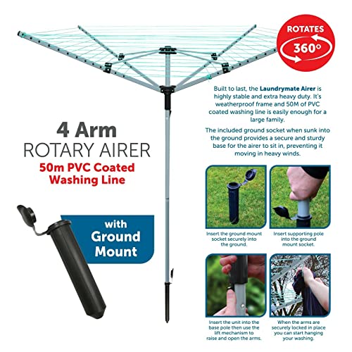 1 Click Buy Heavy Duty 4 Arm Rotary Airer Clothes Garden Washing Line Dryer Folding Outdoor Rotary Clothes 50m Airer/Dryer Washing Line With Ground Spike Or Socket And Waterproof Protective Cover - Image 5