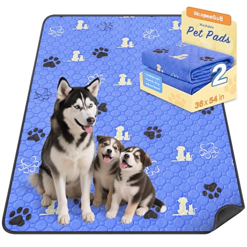 Image of WanpeeGoo Washable Pee Pads for Dogs, Waterproof, 36 x 54 in, 2 Pack, Blue | Super Absorbent, Waterproof and Non-Slip; Washable, Reusable Dog Pads for Crates, Playpens, Floors, Furniture and Travel