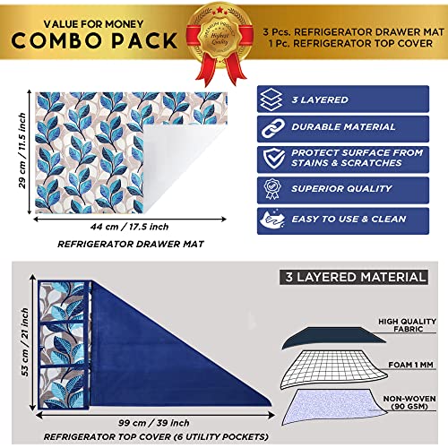 Image of Polyester 3-Layered Fridge Top Cover /Refrigerator Cover With Utility Pockets and Set of 3 Pc Fridge Mats (Color- Leaf Blue, Size-39x21 Inches)