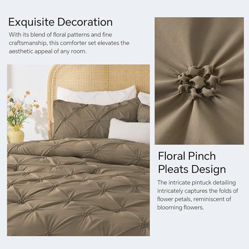 Image of BEDELITE Queen Comforter Set Light Brown,Lightweight & Soft Comforter | Pintuck Boho Bedding, Warm & Cute Bed Set for All Season,With 2 Pillowcases
